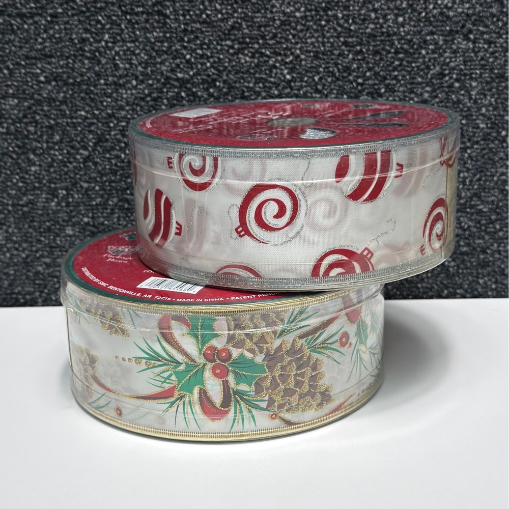 Lot of 2 Christmas Wired Ribbon 110 Yards Total 2.5" Holly Ornaments Metallic